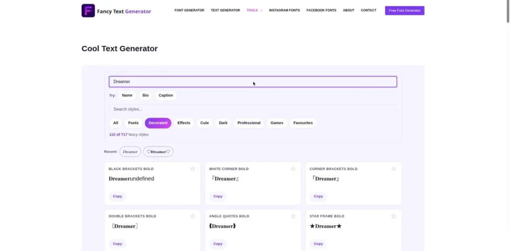 Cool Text Generator showing the word Dreamer in gothic, script, vaporwave and decorated styles