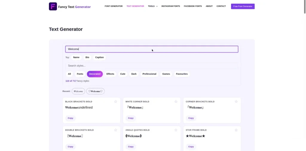 Text Generator page styling the word Welcome in bold, script and decorated styles