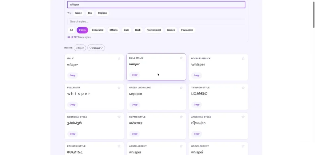 Tiny Text Generator showing the word whisper in small caps, superscript and tiny letter styles